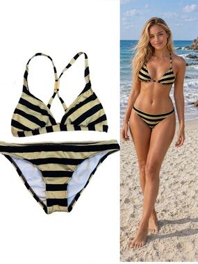 Guess gold glitter and black striped bikini Sz S